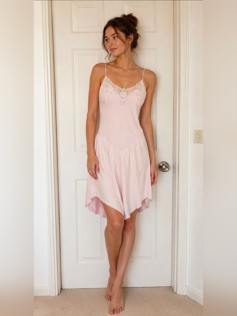 Vintage Sara Beth Soft Pink Lace-Trim Slip Dress Size Small